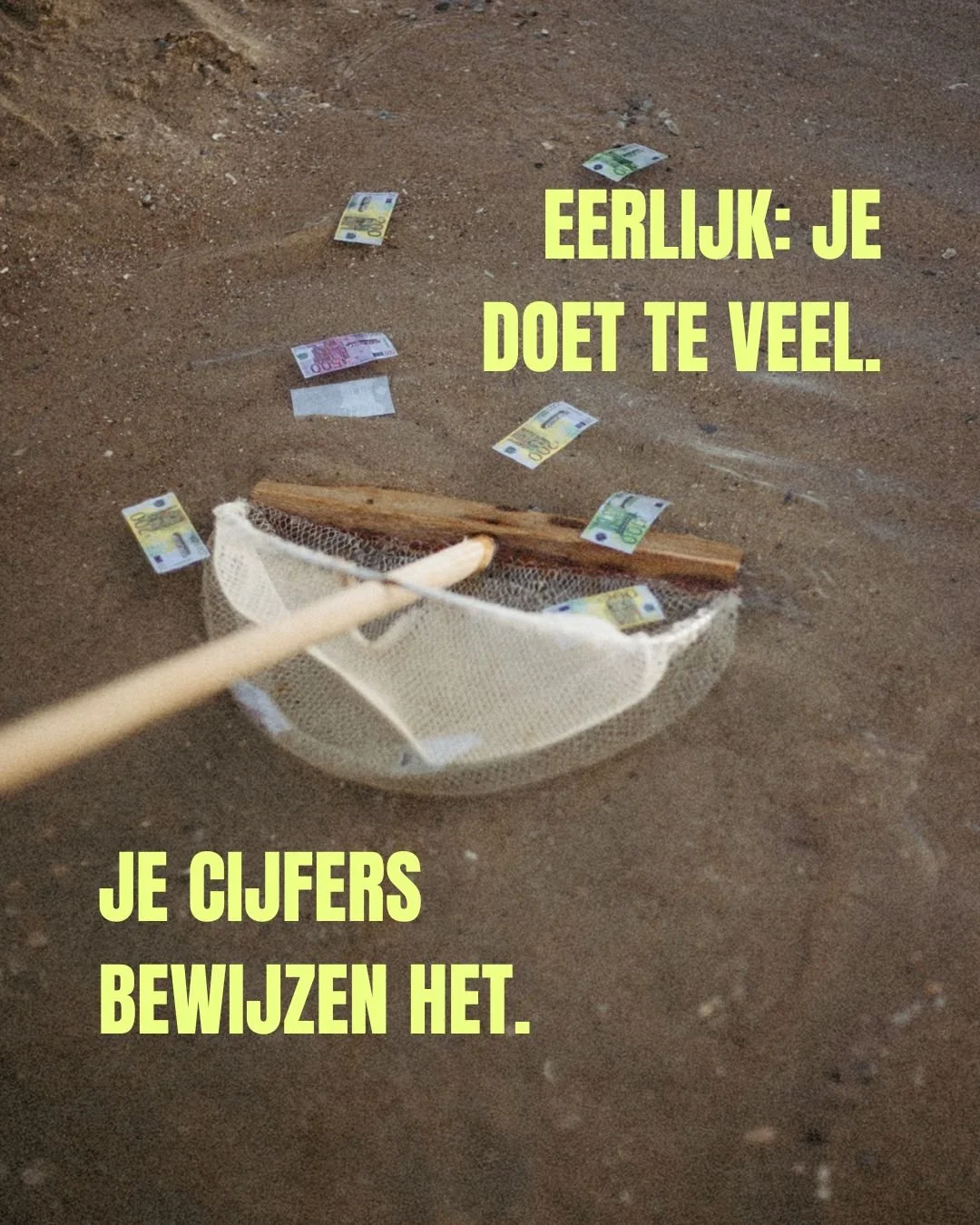 Misschien zit het probleem niet in je cijfers.
Misschien ontbreekt het aan overzicht en focus.

Hard werken hoort erbij.
Maar zonder duidelijke keuzes, prioriteiten en inzicht
wordt hard werken al snel ineffici&euml;nt.

Cijfers tonen waar je tijd en