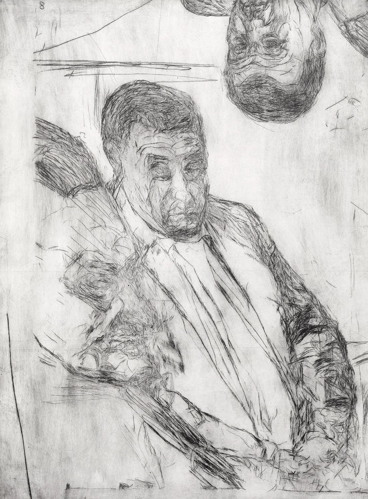 Mike Parr
Repetition Renders Structure of Myth Apparent #8
Drypoint Etching from Copper in black on 300gsm Hahnemuhle
106 x 78 cm
Edition of 4 Artist Proofs
Printed Carolyn Mckenzie-Craig/Mike Parr NAS Print Studios $15,000 (framed)
$12,000 (unframed