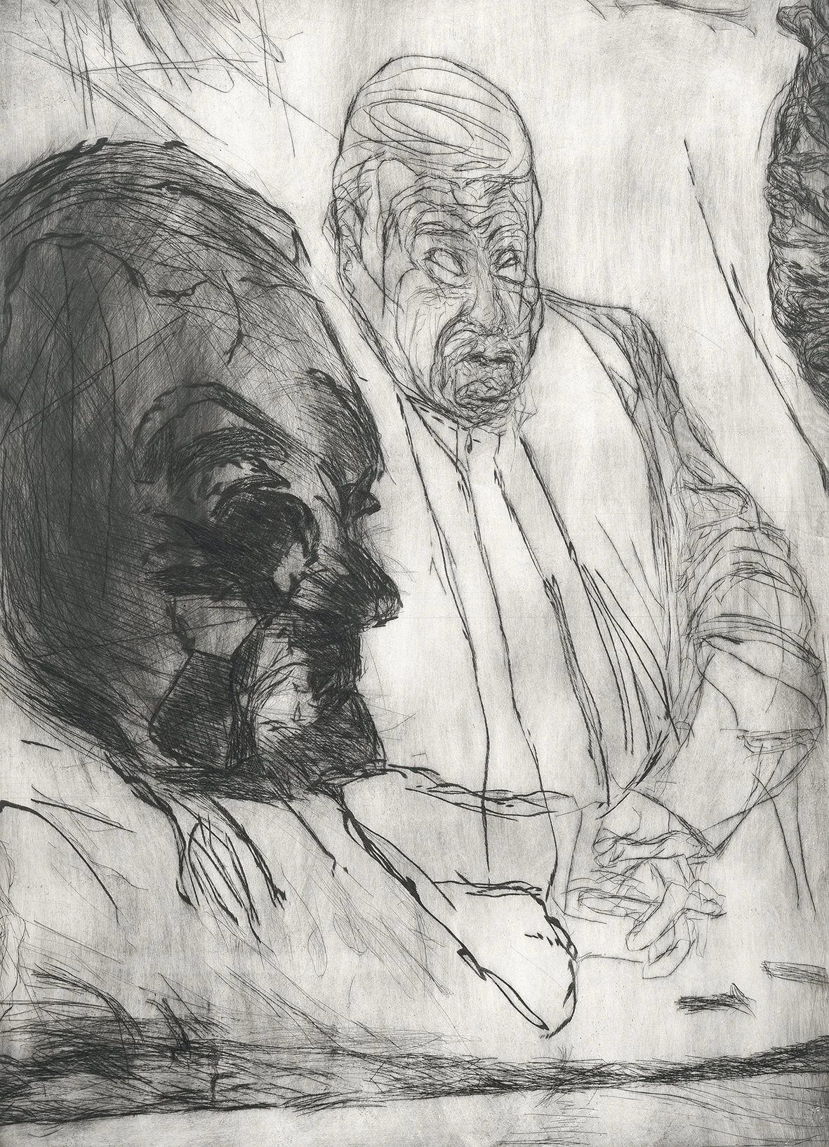 Mike Parr
Repetition Renders Structure of Myth Apparent #10
Drypoint Etching from Copper in black on 300gsm Hahnemuhle
106 x 78 cm
Edition of 4 Artist Proofs
Printed Carolyn Mckenzie-Craig/Mike Parr NAS Print Studios $15,000 (framed)
$12,000 (unframe