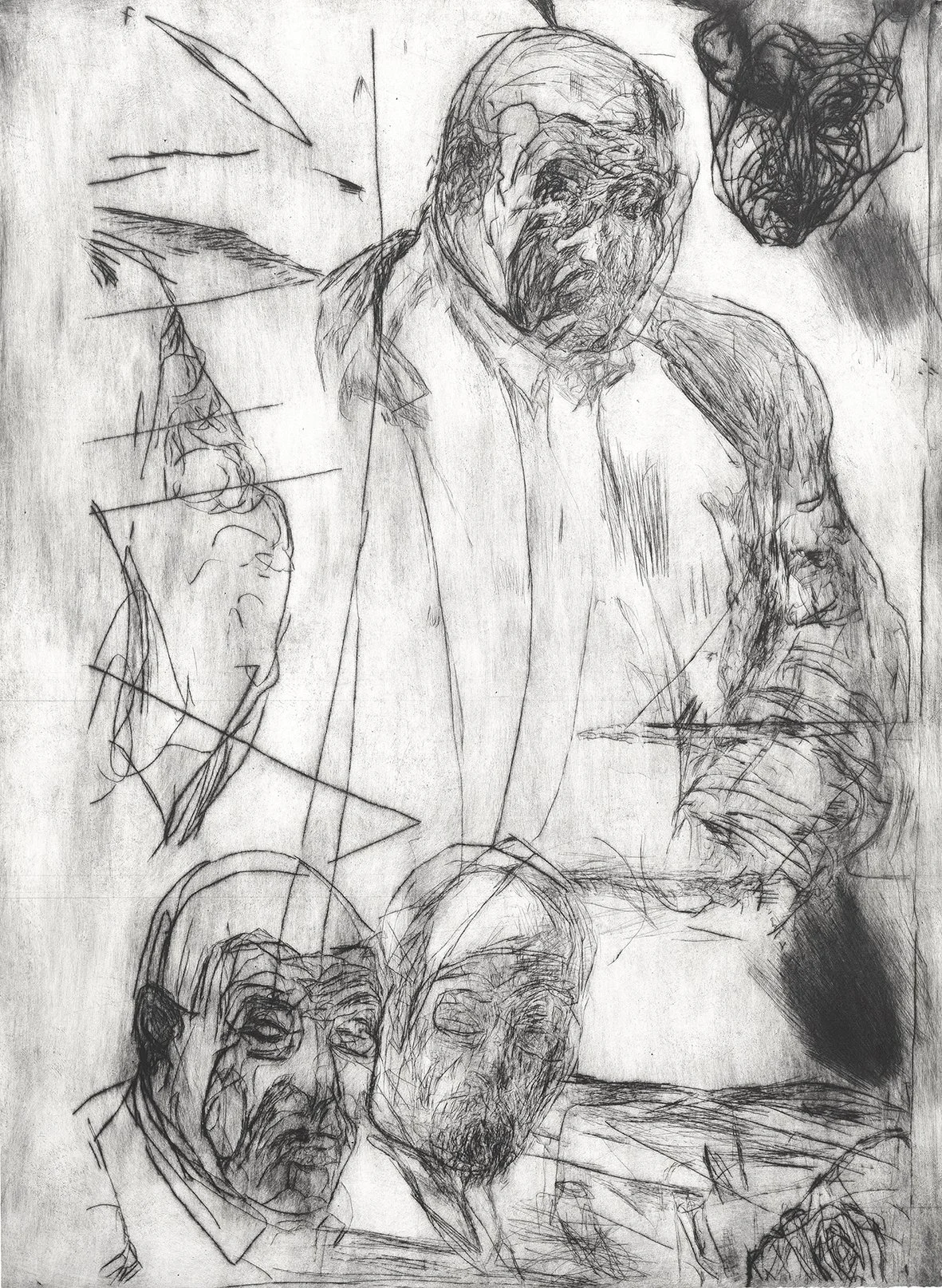 Mike Parr
Repetition Renders Structure of Myth Apparent #7
Drypoint Etching from Copper in black on 300gsm Hahnemuhle
106 x 78 cm
Edition of 4 Artist Proofs
Printed Carolyn Mckenzie-Craig/Mike Parr NAS Print Studios $15,000 (framed)
$12,000 (unframed
