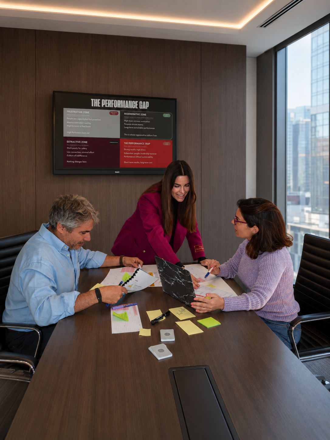 Three colleagues in a modern conference room working around a table with documents and sticky notes, with a womanstanding and smiling while the man and woman seated look at papers. A large window shows a cityscape. A screen on the wall displays a chart titled 'The Performance Gap'.