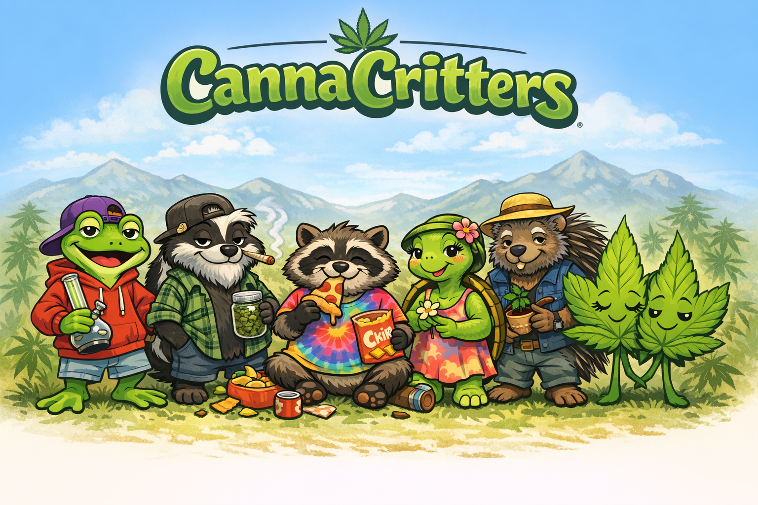 Colorful CannaCritters characters sharing a relaxed moment outdoors