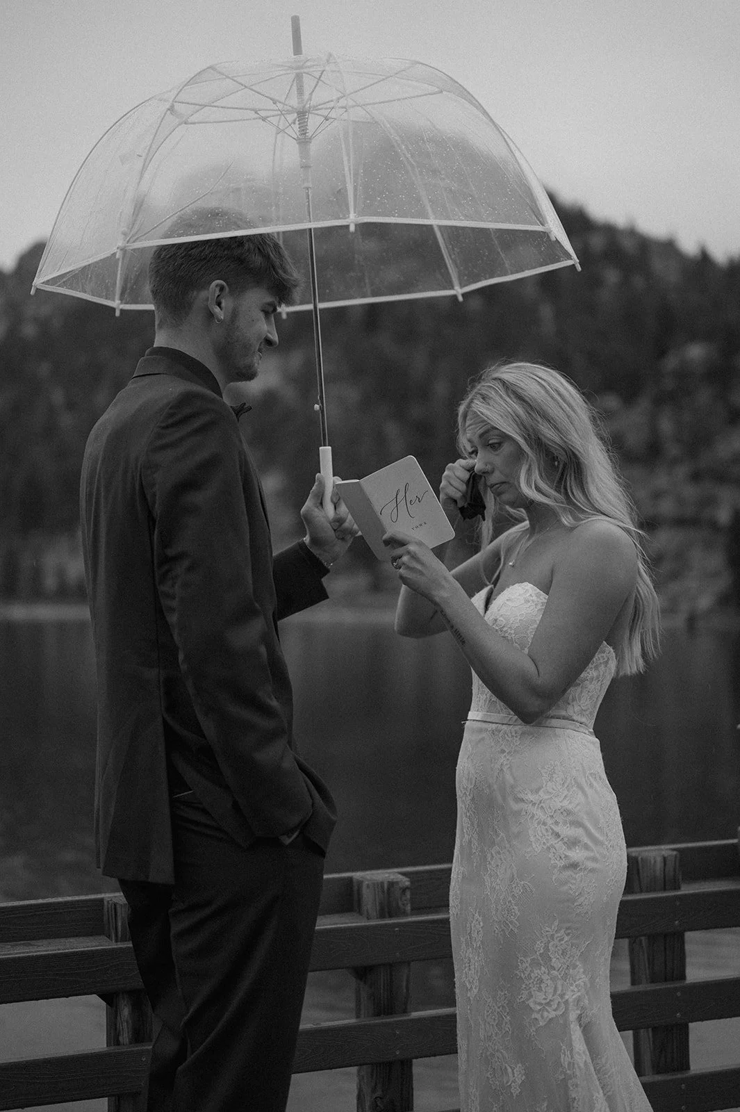 a bride tearing up as she says her vows