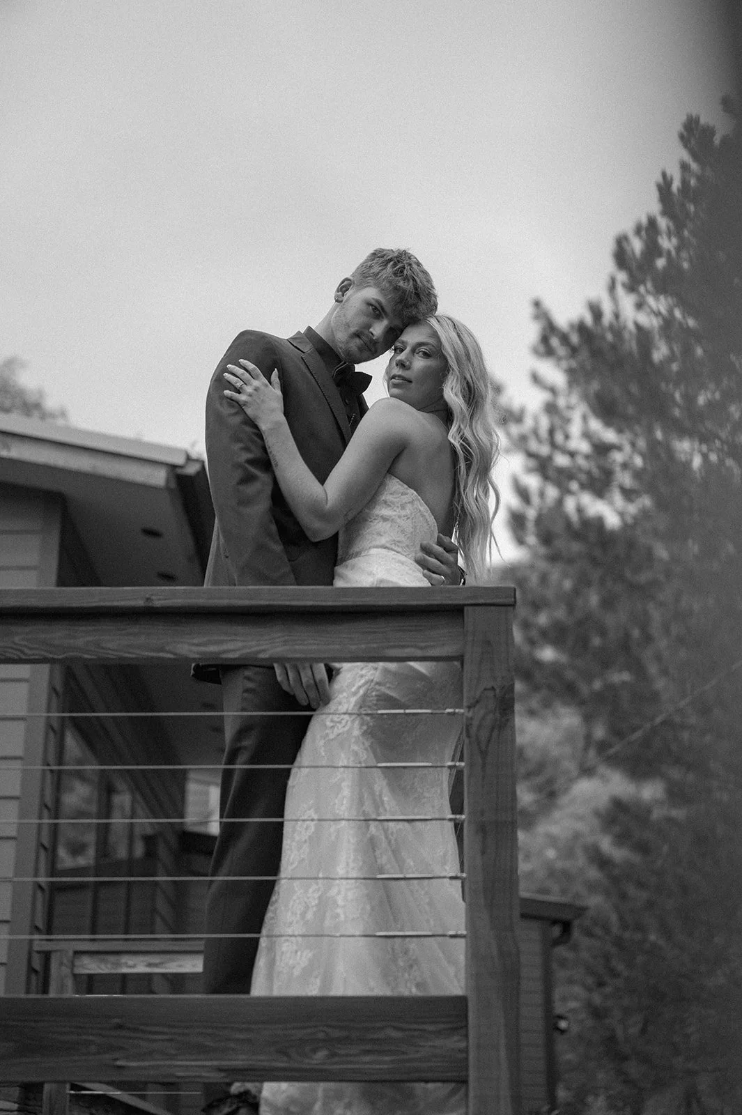 bride and groom portrait on a balcony at a Micro Wedding Venue in CO