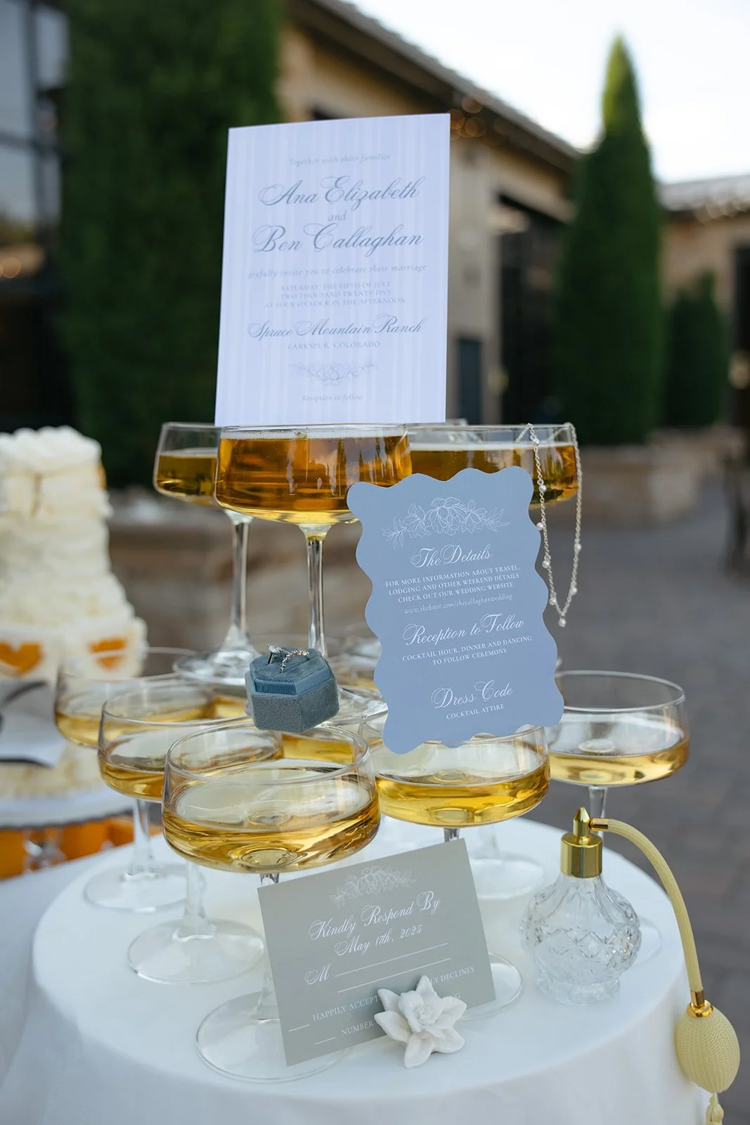 unique Wedding Detail Photos on a champagne tower