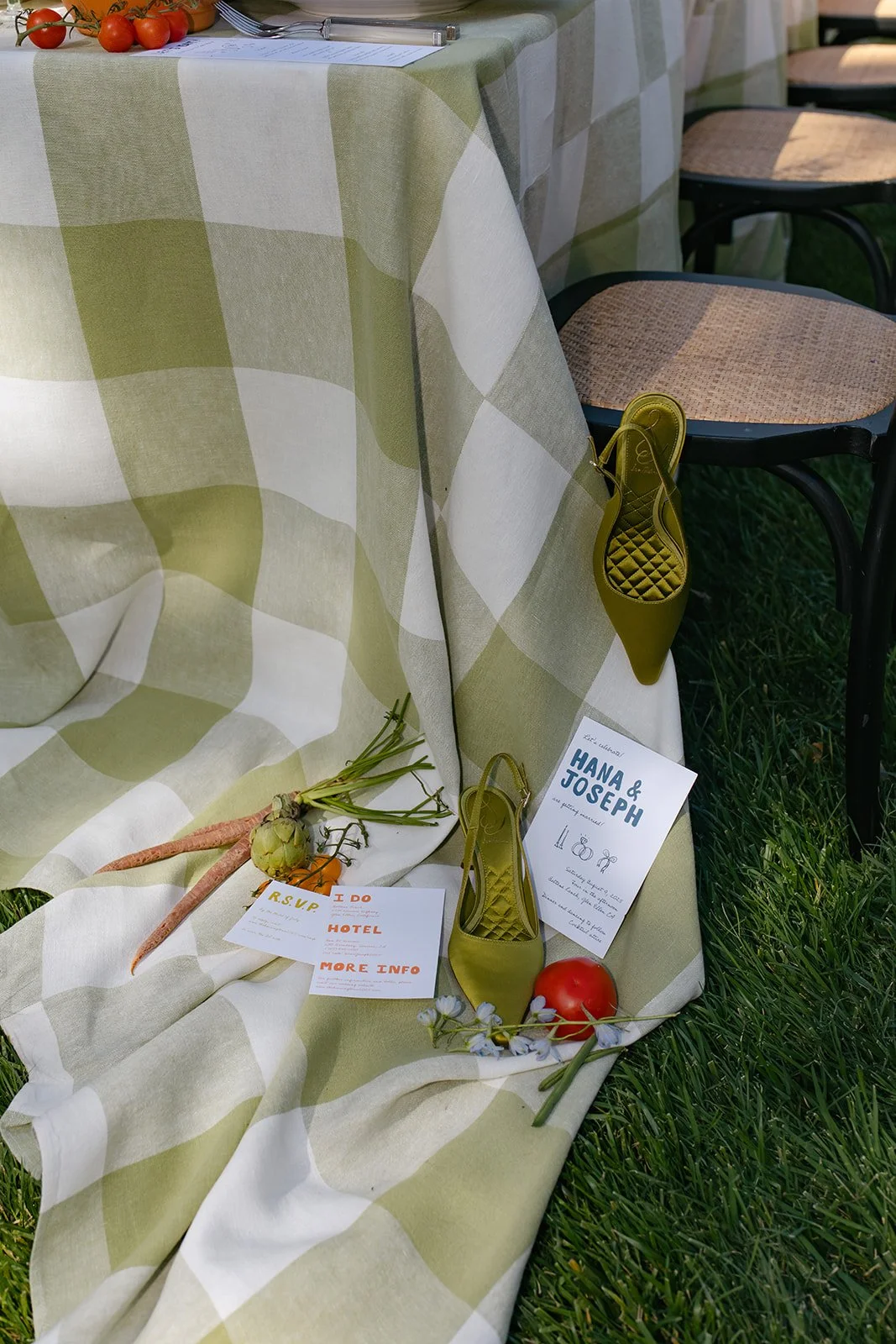 unique and fun Wedding Detail Photos with fresh produce laid on a checkered tablecloth