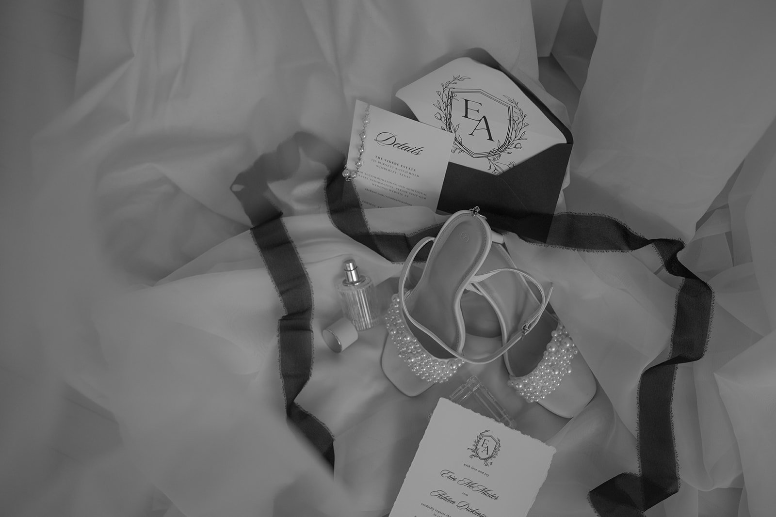 black and white of the bridal details and wedding invitation for Wedding Detail Photos