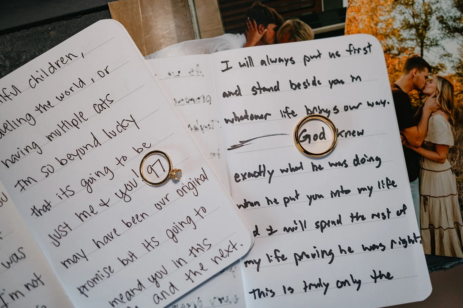 bride and groom vow books with their rings circling specific words