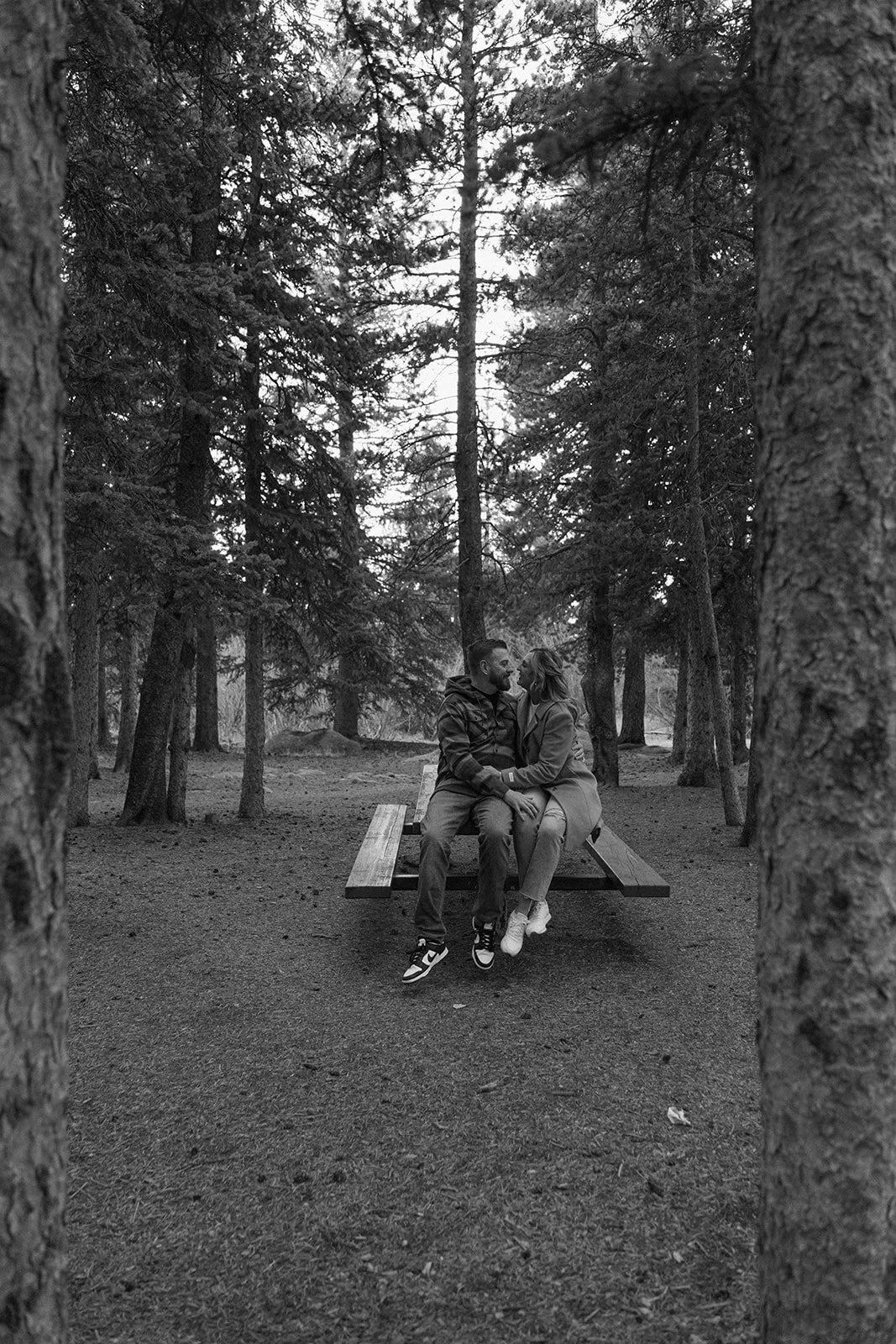 a couple sitting on a picnic together for their engagement photos