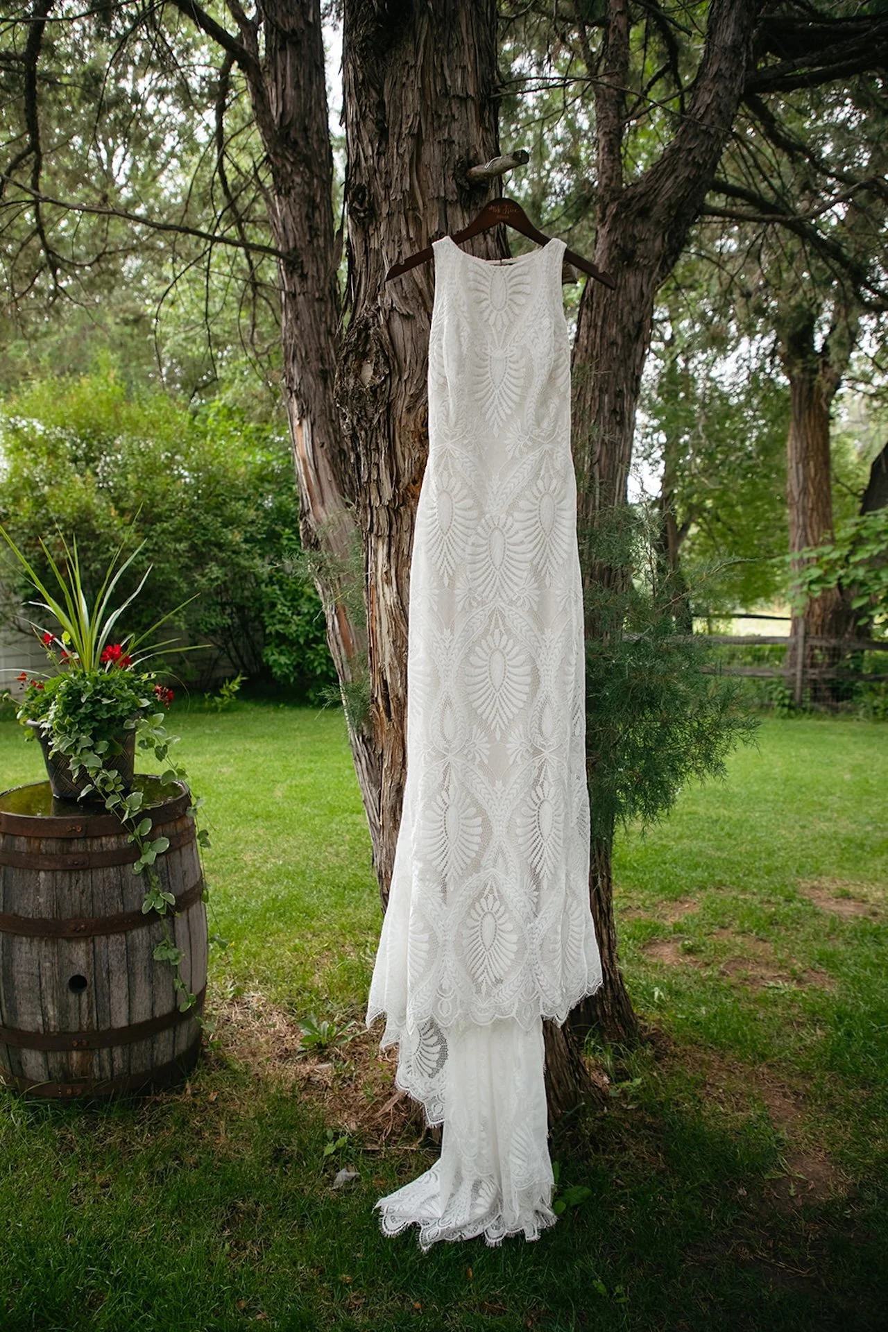 Lace wedding dress hanging from a tree in a garden setting at a Fort Collins Wedding Venue, surrounded by greenery and rustic decor.