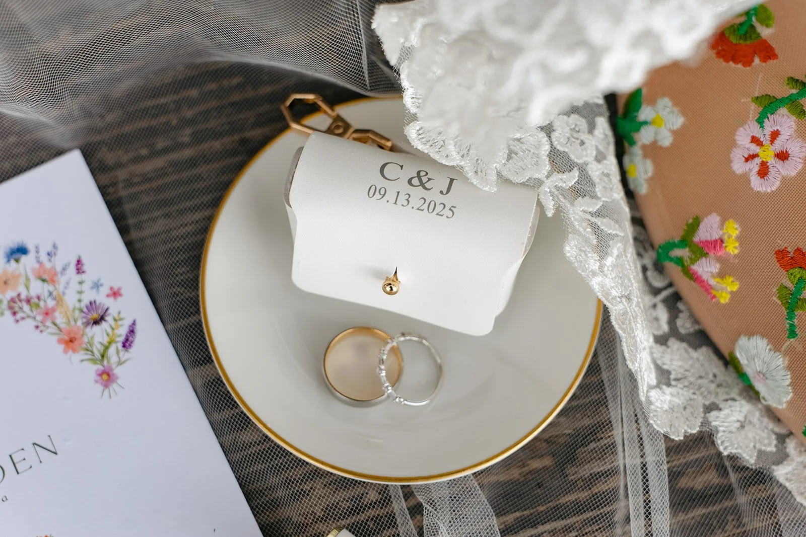 floral Wedding Detail Photos with jewelry and a veil