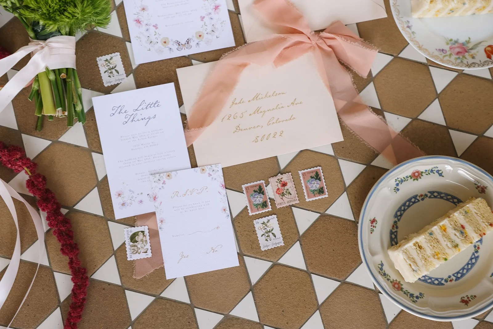 fun and unique Wedding Detail Photos laid out on a fun patterned floor