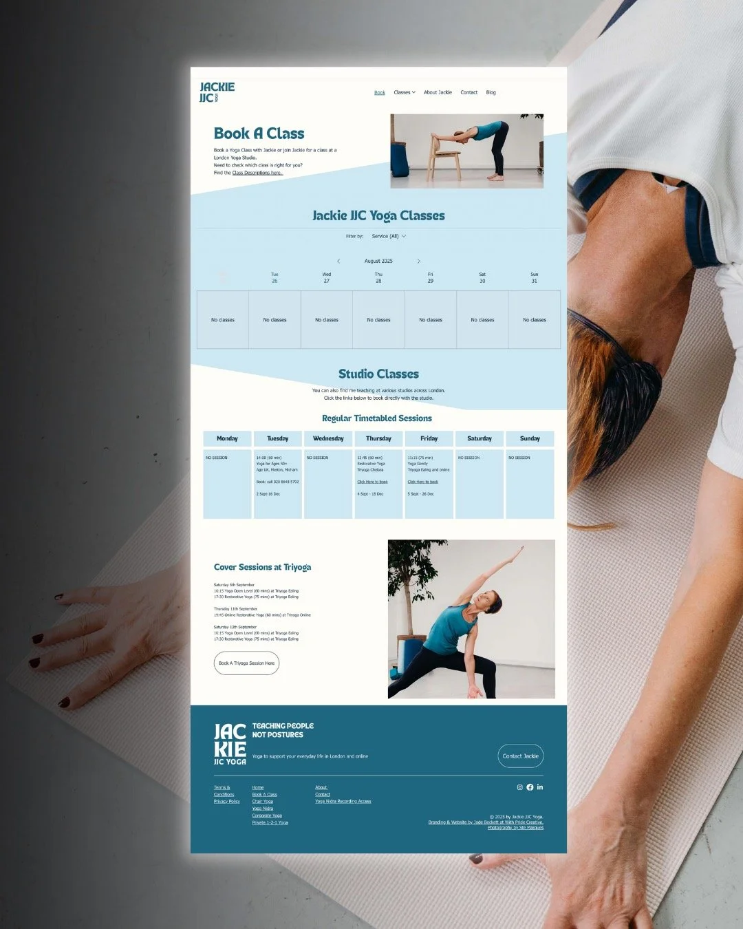 Book A Class: A simple, seamless and easy to find page positioned prominently to drive people to book online, complete with Member account so Jackie's clients can manage their bookings.