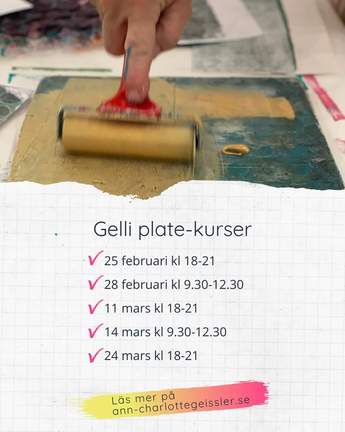 Tre timmar med kreativt skapande i min atelj&eacute;! Visst l&aring;ter det h&auml;rligt? Kom och testa gelli plate (eller forts&auml;tt trycka). Nya datum finns inbokade!

Det blir en genomg&aring;ng och sedan jobbar vi i egen takt. Du f&aring;r m