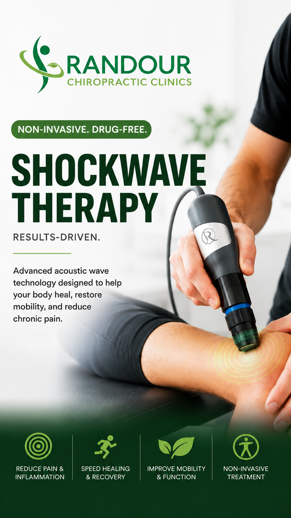 Poster advertising shockwave therapy at Randour Chiropractic Clinics, showing a person using a device on their arm, with icons and text highlighting benefits like reducing pain and inflammation, speeding healing and recovery, improving mobility and function, and offering non-invasive treatment.