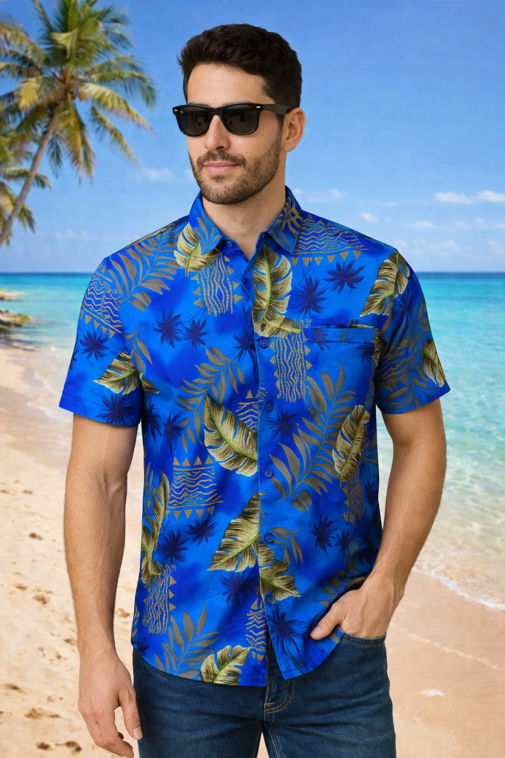 (666) Coastal Jungle - (Royal Blue w/Gold Leaf)