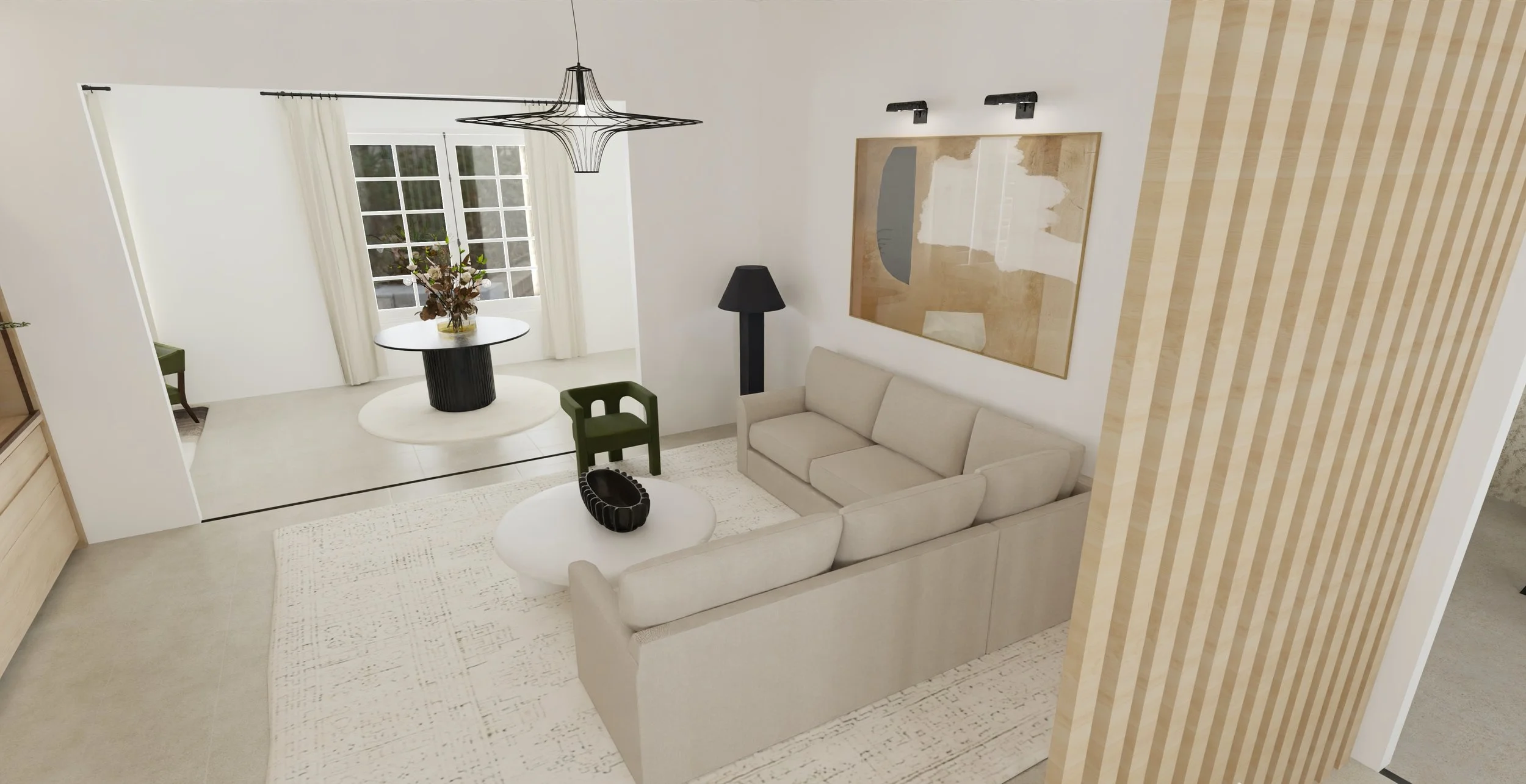 Luxury home featuring integrated living and dining areas designed with timeless materials and elegant architectural details.