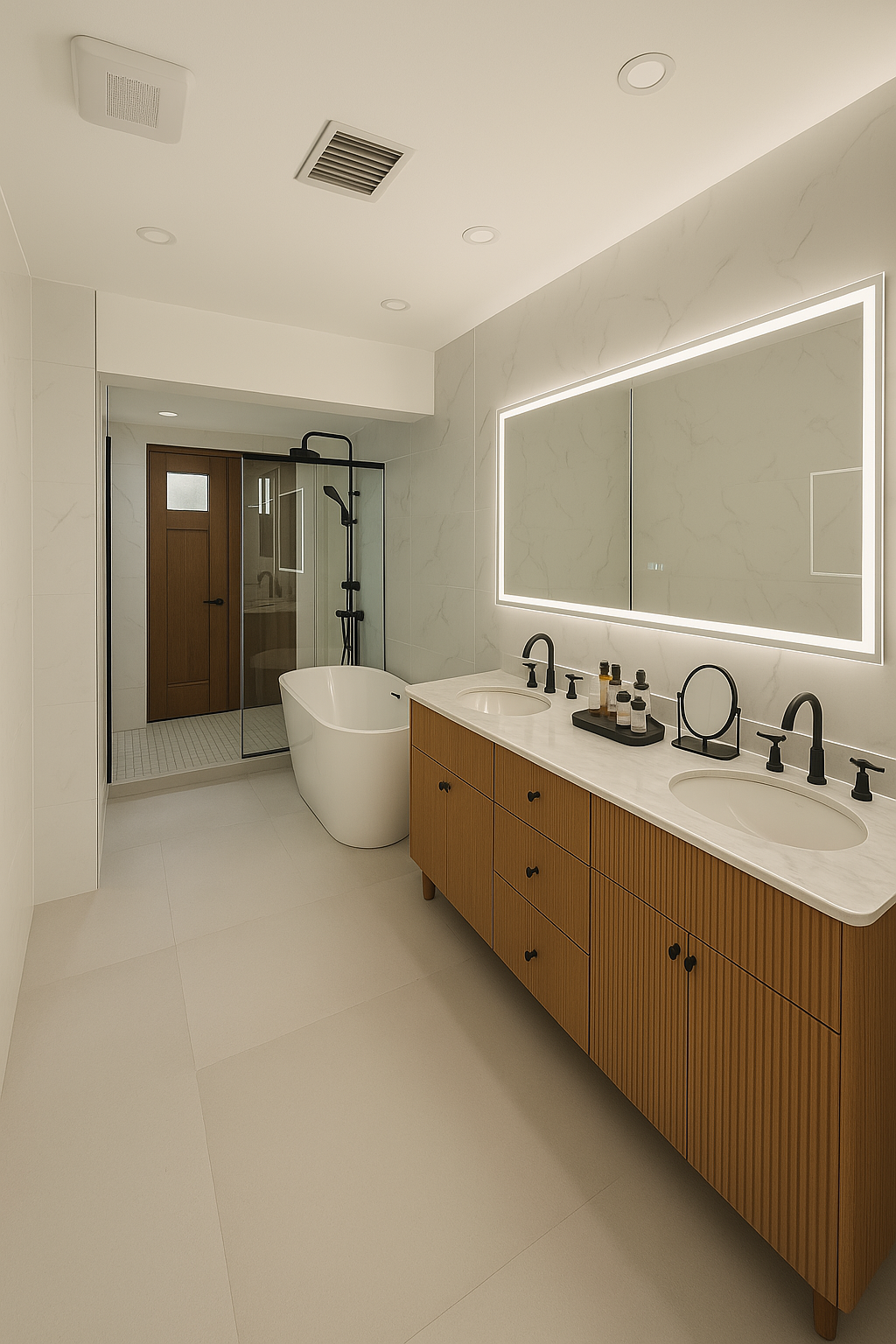 Spa-inspired luxury bathroom designed by Jessi Goldstein, combining sophisticated materials, clean architectural lines, premium finishes, and timeless residential interior design in Miami, Florida.