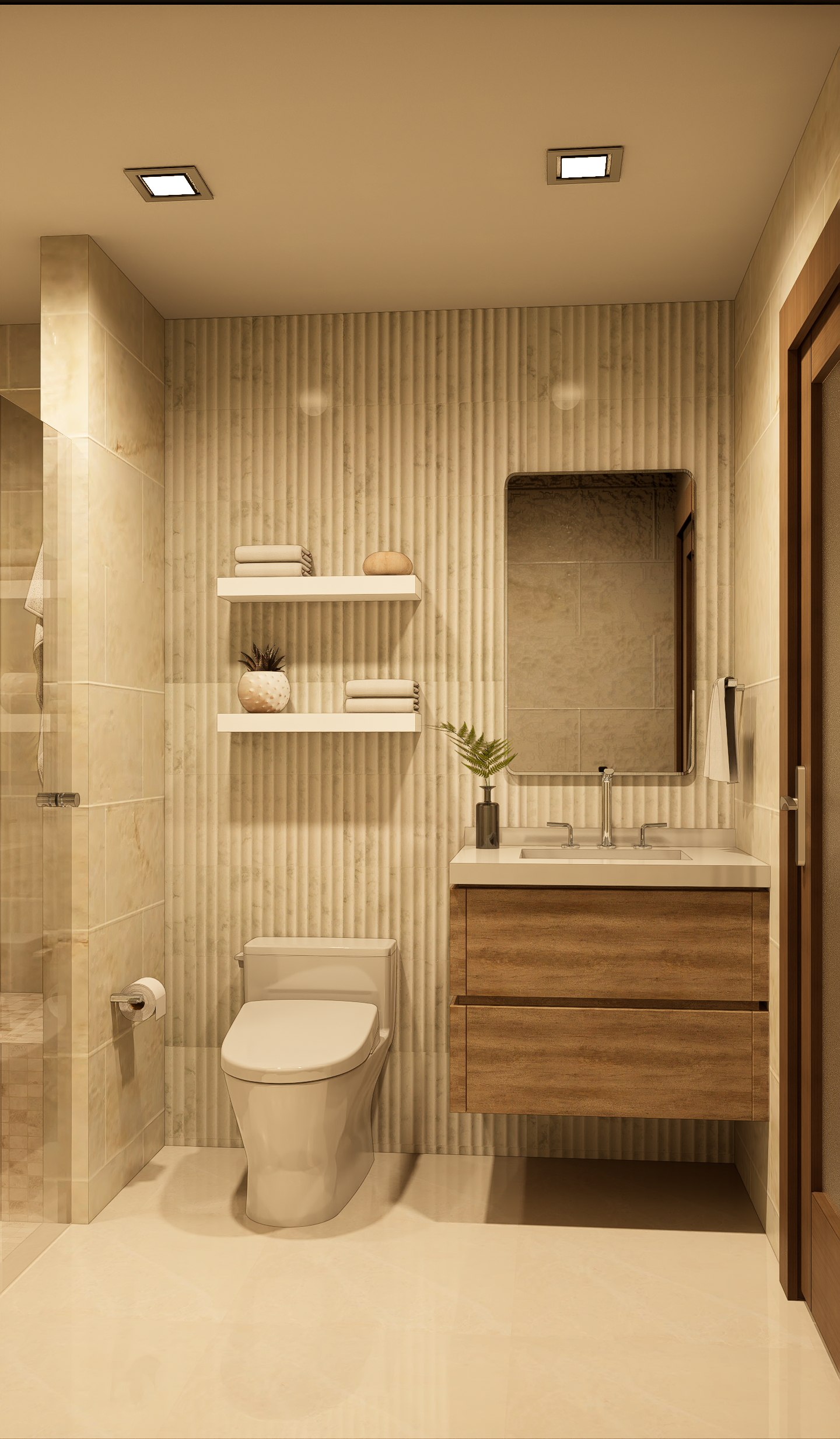 Contemporary residential bathroom designed in Miami with elegant materials, warm lighting, custom vanities, and intentional interior design that balances comfort, functionality, and modern luxury.