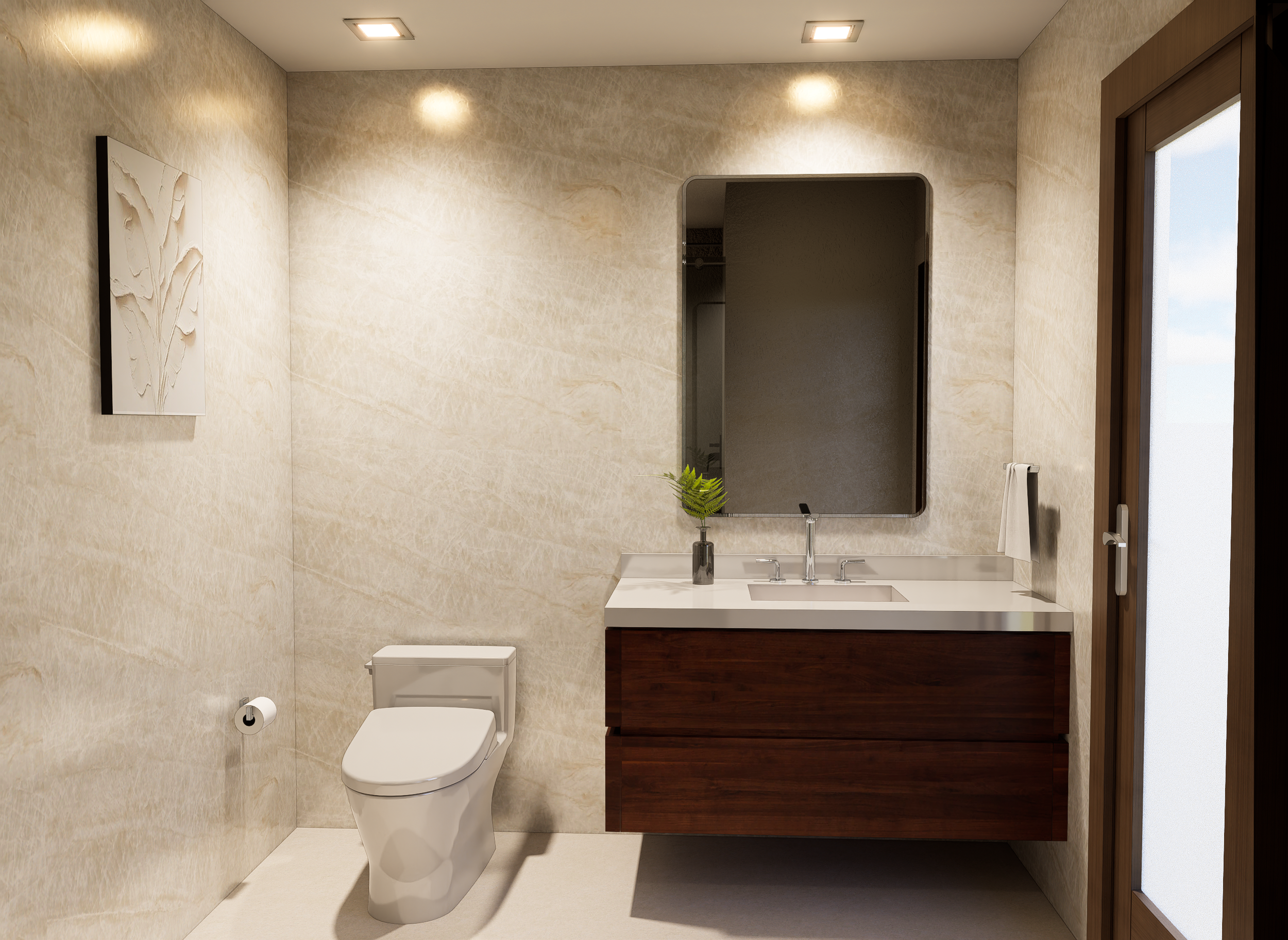 Residential bathroom renovation showcasing thoughtful space planning, luxury finishes, natural textures, and personalized interior design tailored to the homeowner's lifestyle in Miami.