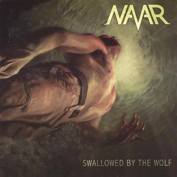 A painted illustration of a large fish with a human arm and hand reaching out, in front of a glowing light, with the text 'NAAR' at the top and 'Swallowed by the Wolf' at the bottom.