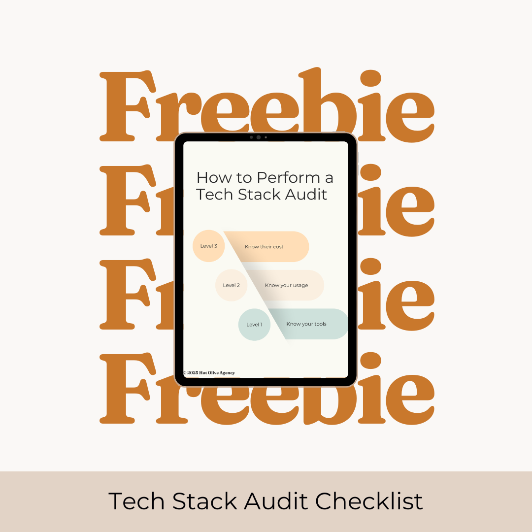 Graphic of a downloadable on an iPad over text that reads "Freebie". The freebie is named "Tech Stack Audit Checklist"