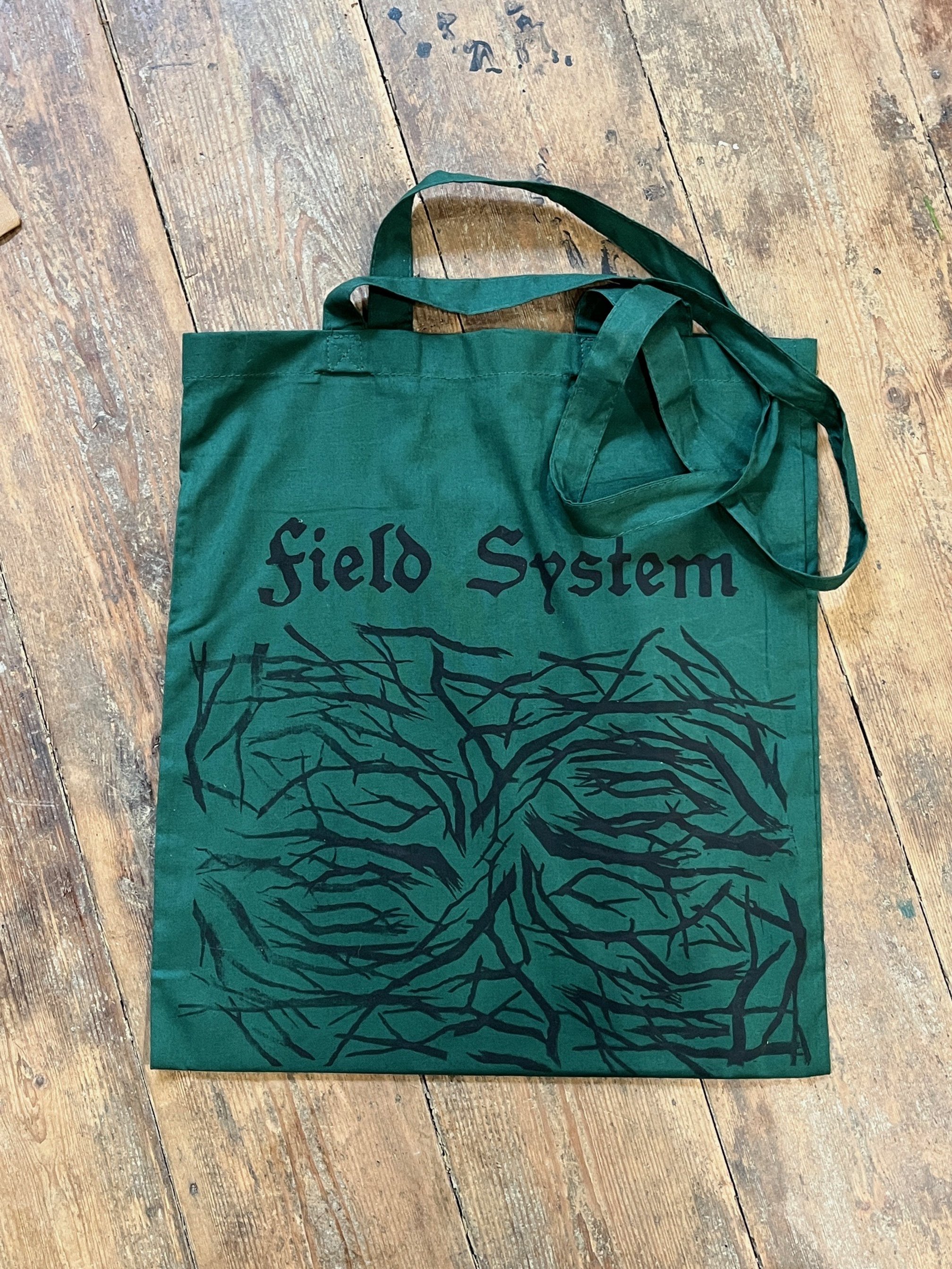 Twigs: Tote Bag handprinted with Field System logo and twigs in black (DARK GREEN)