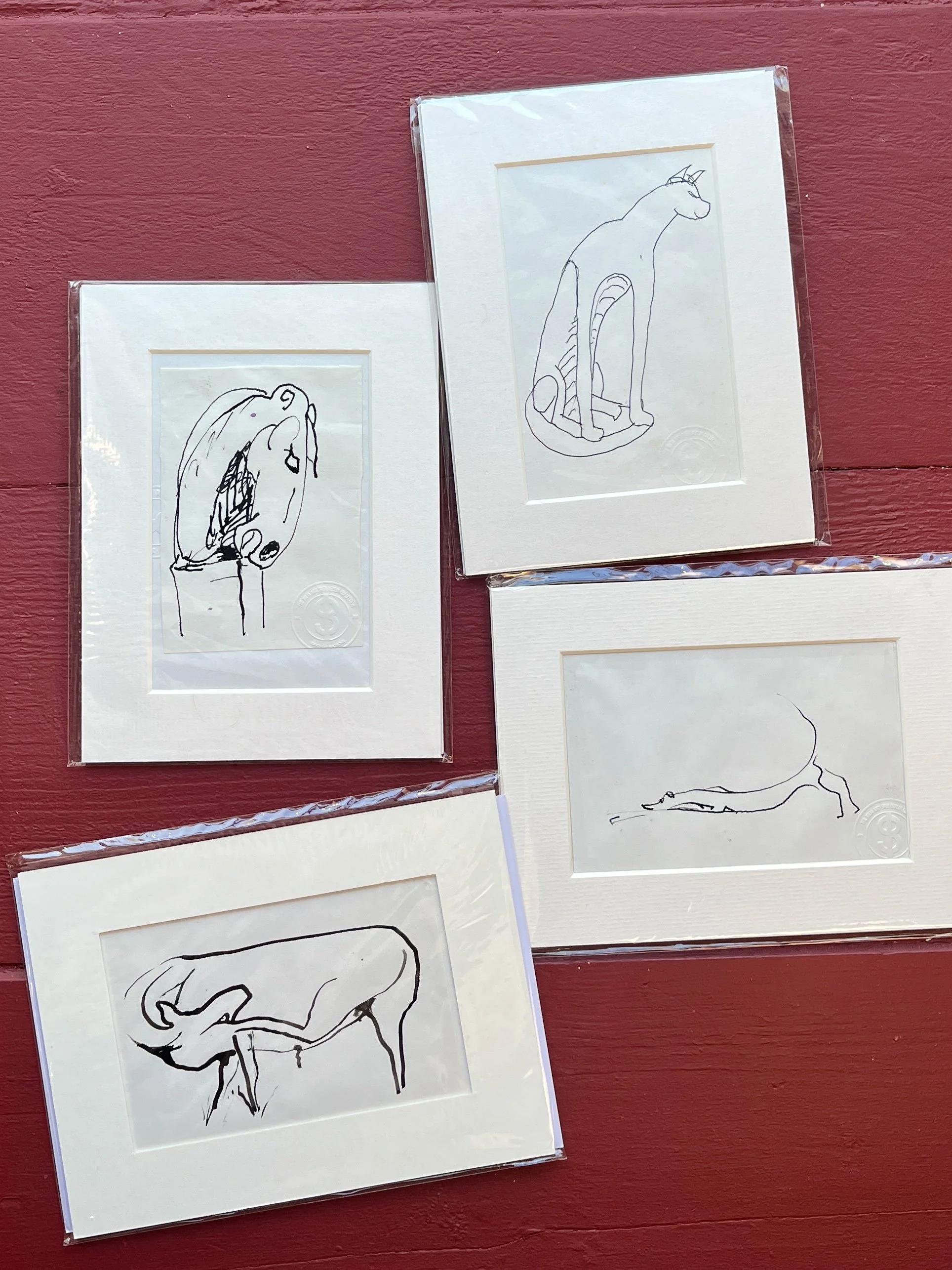 Small Original Mounted drawing by Sven Berlin - Animals (various compositions)