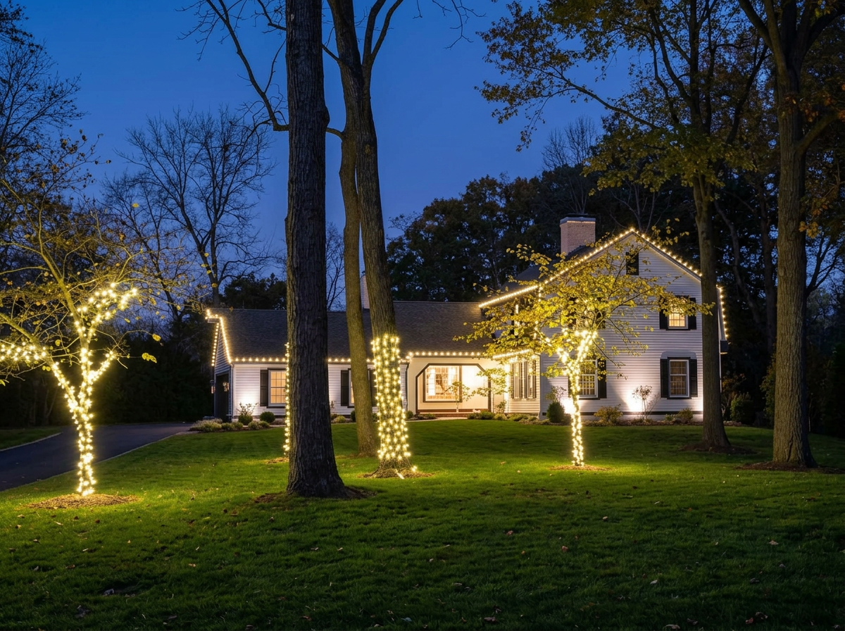 A house decorated with Christmas lights at dusk, with trees wrapped in lights in the front yard.