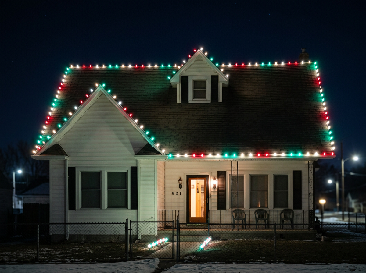 A house decorated with red, green, and white Christmas lights on the roof at night, with a lit front porch and a front yard.
