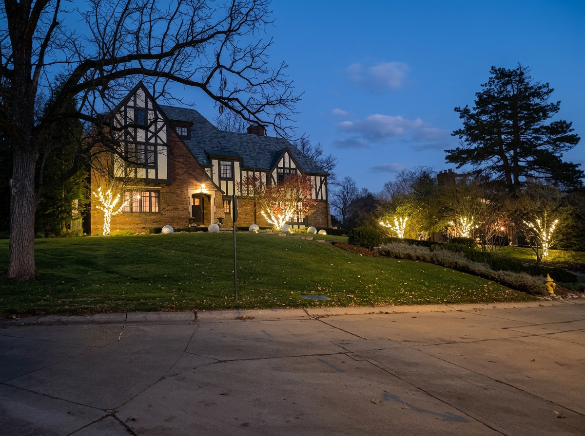 A large house with a Tudor-style exterior, decorated with Christmas lights, is set on a hill. The yard has several trees wrapped in white Christmas lights, and the scene is captured during twilight.
