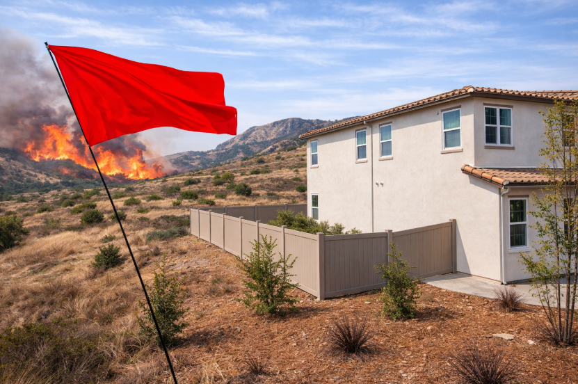 Residential privacy fence near a home with a red flag warning and wildfire in the distance.