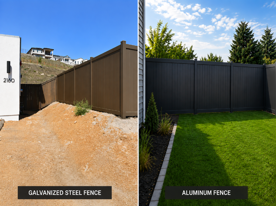 Side-by-side comparison of aluminum and galvanized steel fences in landscaped yards.