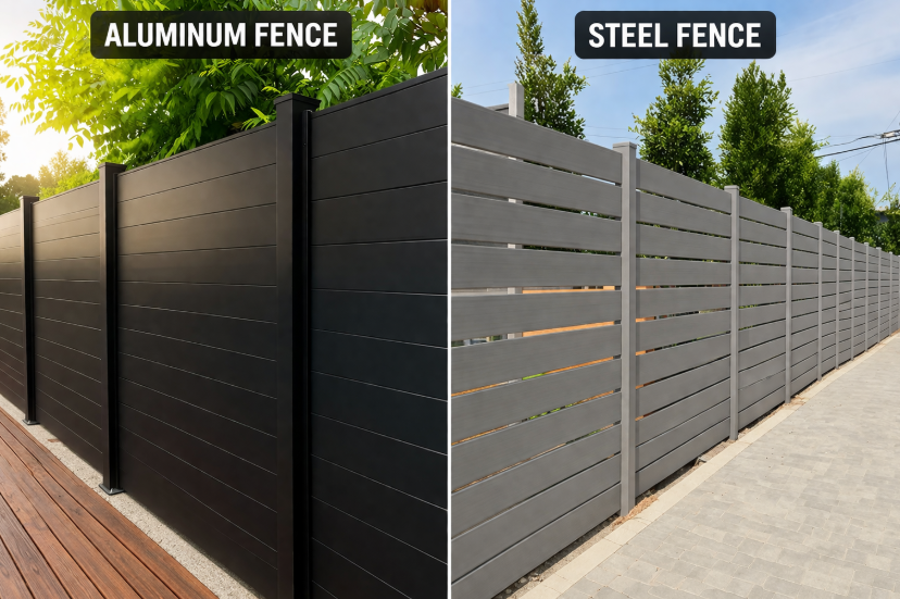 Split image of aluminum and steel fences, labeled.