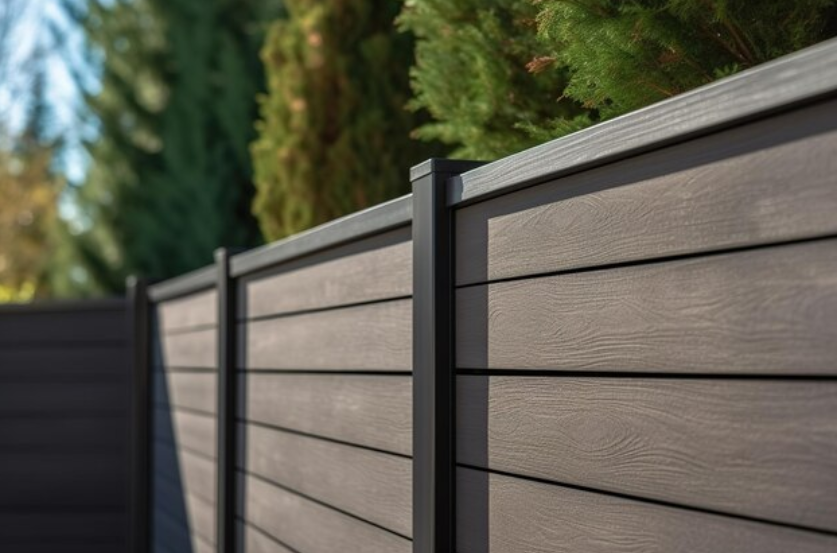 Composite privacy fence with horizontal wood-look panels and dark metal posts along a landscaped yard.