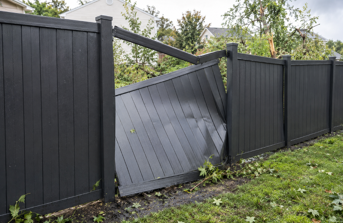 Black aluminum fence panel bent and damaged after a storm in a residential yard.