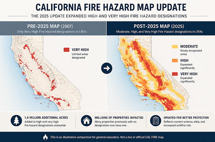 Comparison map showing California fire hazard zones before and after the 2025 update, highlighting expanded high and very high risk areas.