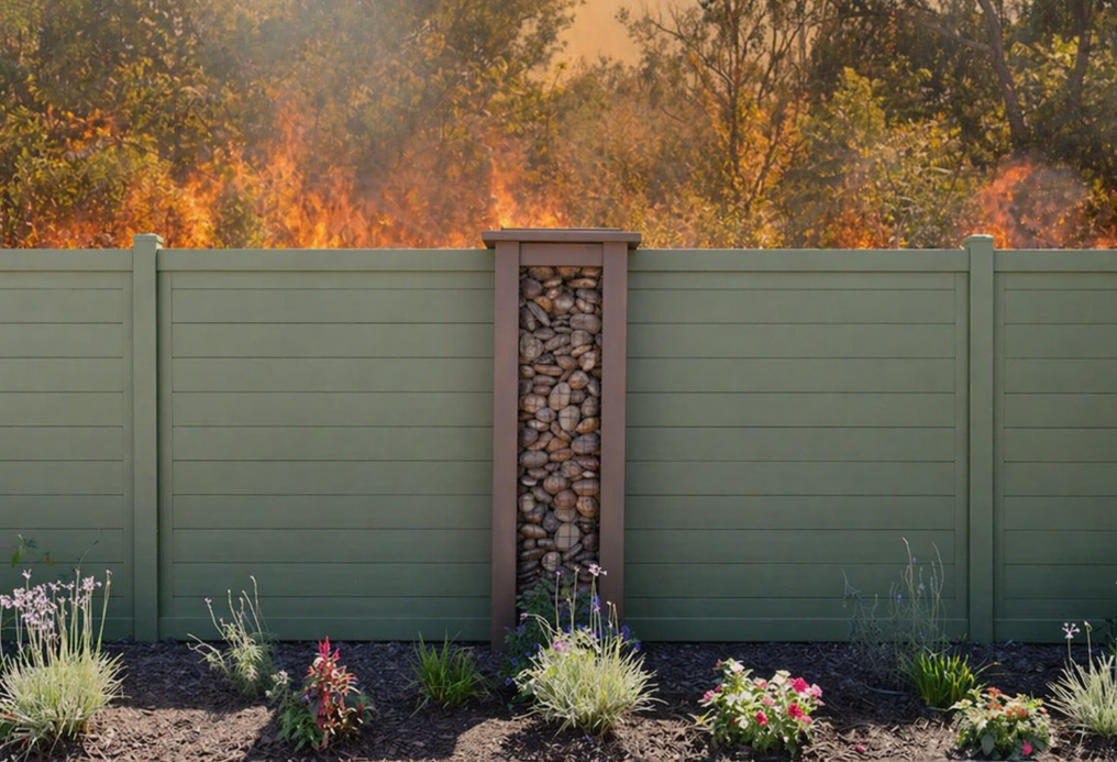 Green galvanized steel privacy fence with decorative stone column standing in front of a brush fire in the background.
