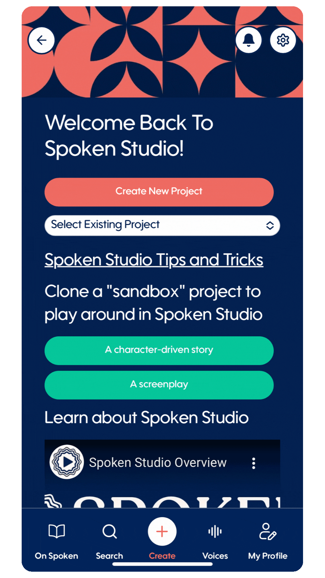 Mobile app screen displaying a welcome message for Spoken Studio, options to create or select a project, tips and tricks, and information about Spoken Studio including an overview video. Navigation menu at the bottom includes On Spoken, Search, Create, Voices, and My Profile.