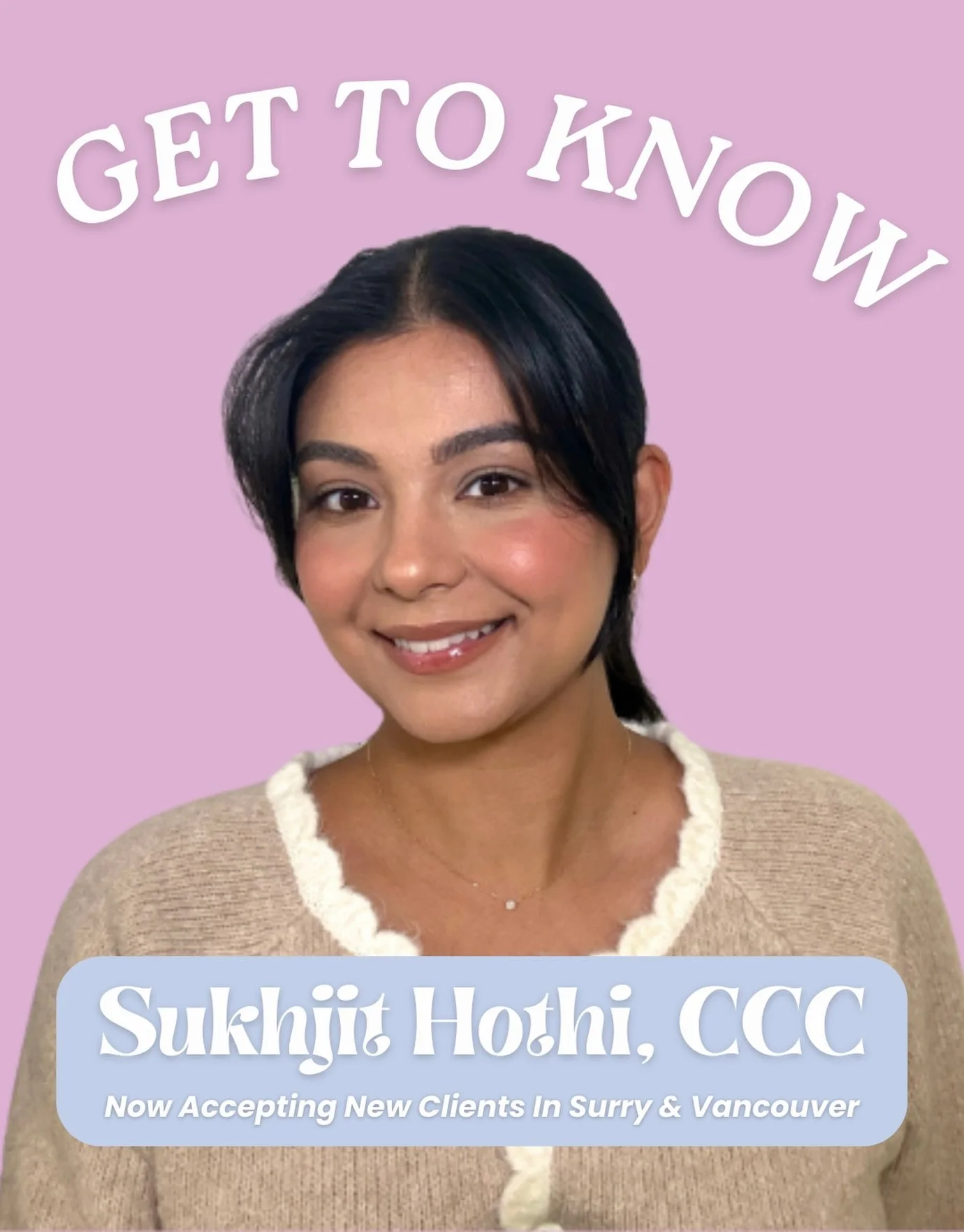 Meet our Registered Clinical Counsellor, Sukhjit! ✨
She works with adults in a variety of areas,
Specializing in:

- Relational &amp; Developmental Trauma
- Childhood Abuse
- Intergenerational Trauma
- Grief &amp; Loss
- Anxiety &amp; Depression
- Li
