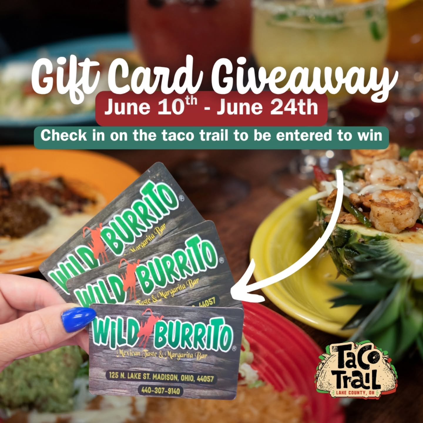 📢📢We're giving away $20 Wild Burrito gift cards!
 How it works: 
📅6/10-6/24 
🌮Check in on the Taco Trail at any location &amp; you're entered to win! 
✅️One entry for every check-in 
🏆Two random winners will be selected 
⭐️Winners announced Wedn