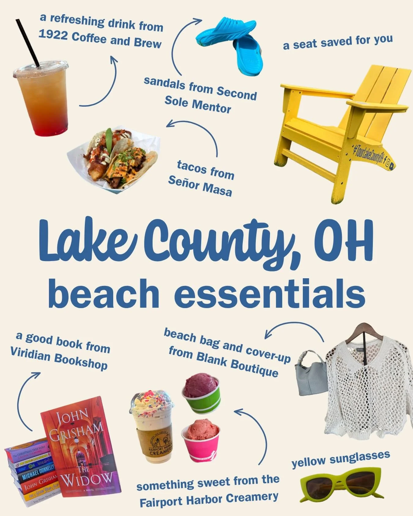 🏖️ Did someone say beach day?! ☀️
Summer is the perfect time to soak up the sun along the Lake Erie shoreline! 
Here are our beach-day essentials for the ultimate lakeside escape. What are you bringing? 👇

👜 Beach bag &amp; cover-up from Blank Bou