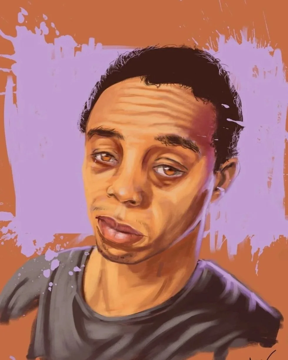 Digital painting of a young man with light brown skin, dark curly hair, and wearing a gray t-shirt, making a humorous facial expression with one eye partially closed and tongue slightly out, with a purple splash background.
