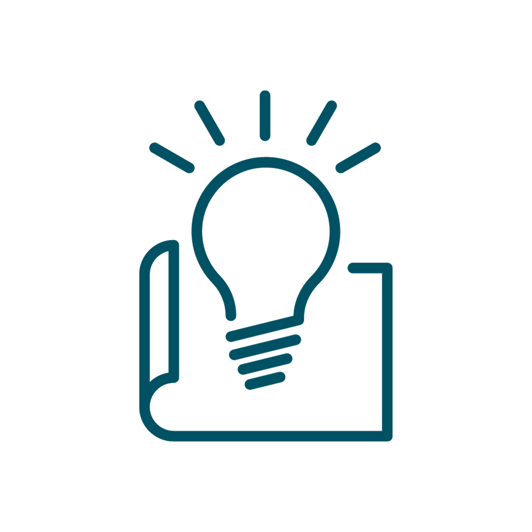 Outline icon of a lightbulb with rays above it, partially covered by a folded paper or notebook.
