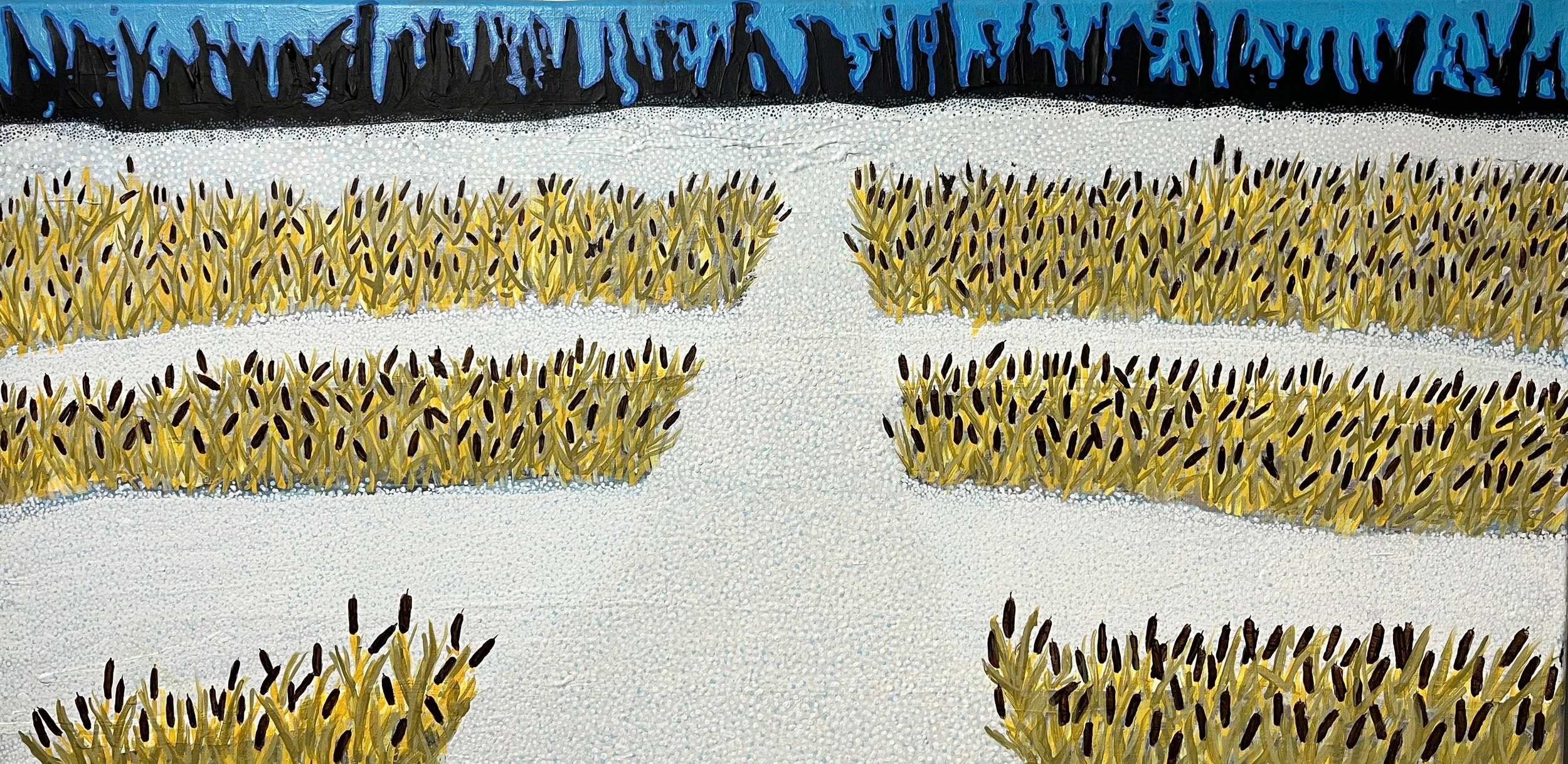 Finding a Threshold: Being combed Through by the Bright White of New snow---

30”X15””	Acrylic	  $500-$1000---

When I began to claim my focus as thresholds and portals I keyed in my awareness to be alert to somatic feelings of crossing thresholds, f