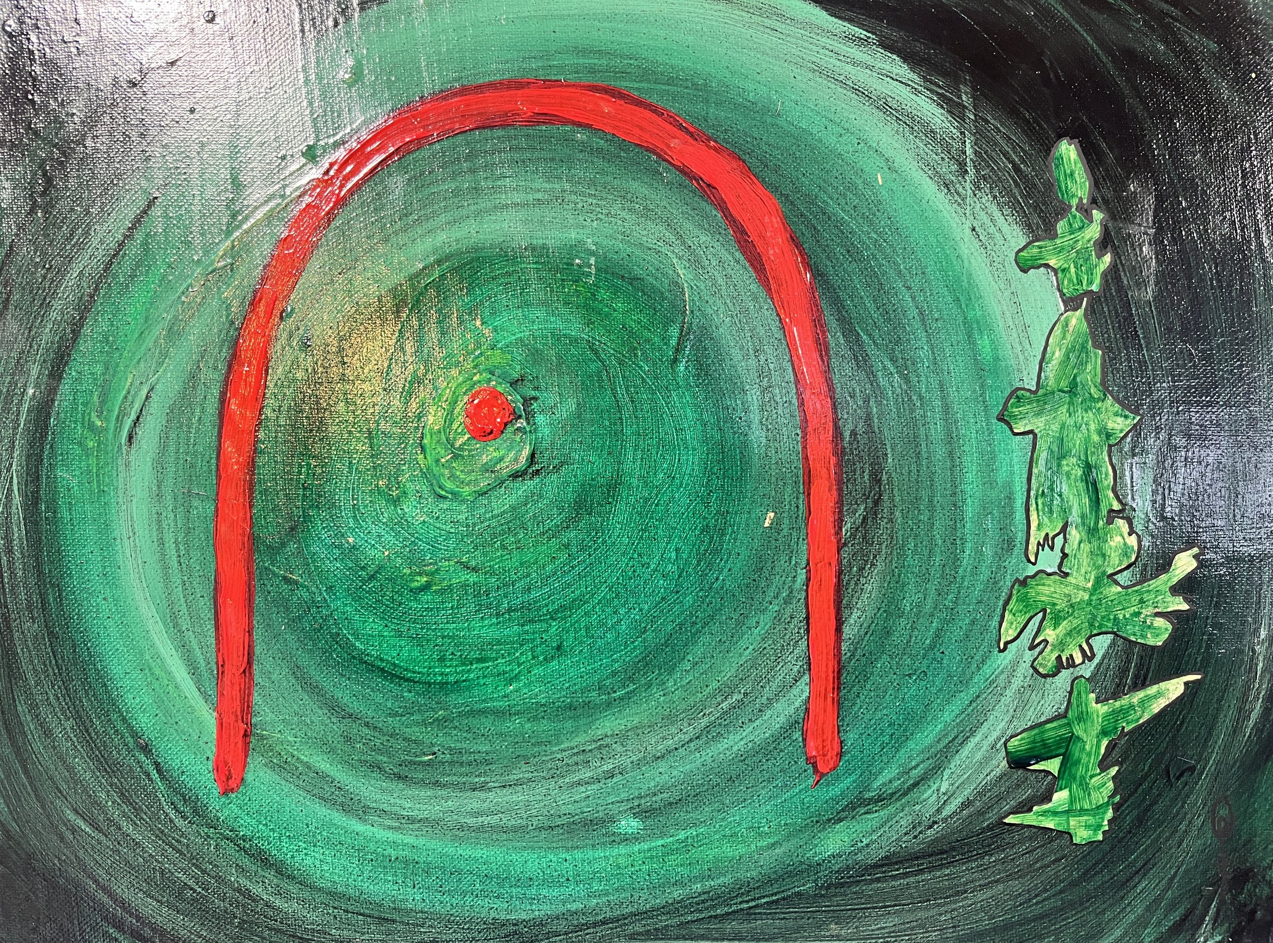 Vivification Portal: Making Friends with a Tree---

8”X10”	mixed medium   $100-$200---
A contemplation painting. Stare at the red dot and allow yourself to focus on this point, feel the green envelope you. Green is a healing color, resonant with all 