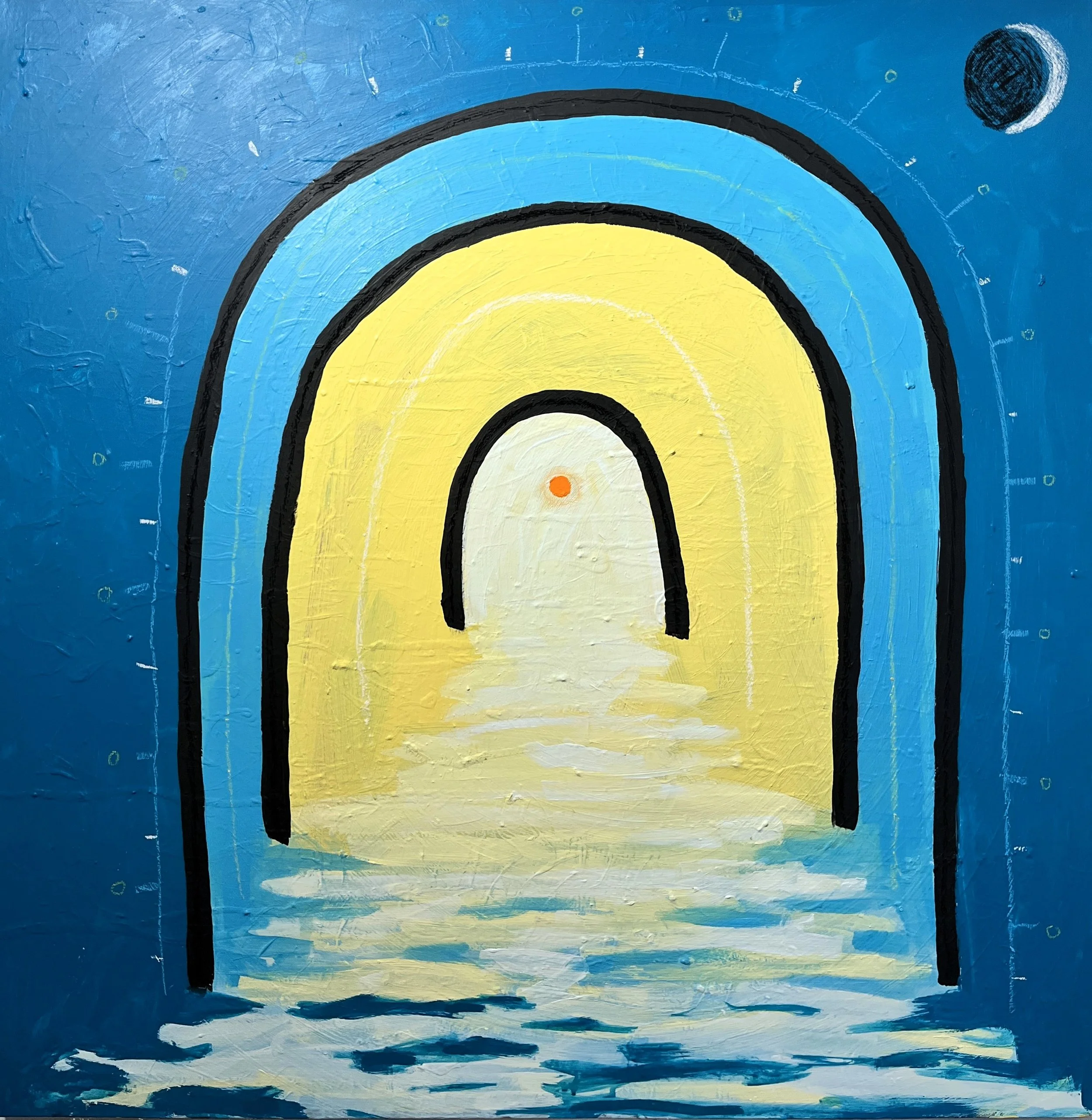 Ascent---

36”X36”   Acrylic and oil Pastel   $500-$1000---

A contemplative painting: Stare at the dot in the center, allow all your focus and attention to collect here. Breathe deeply for a few rounds and imagine yourself moving through the ascendi