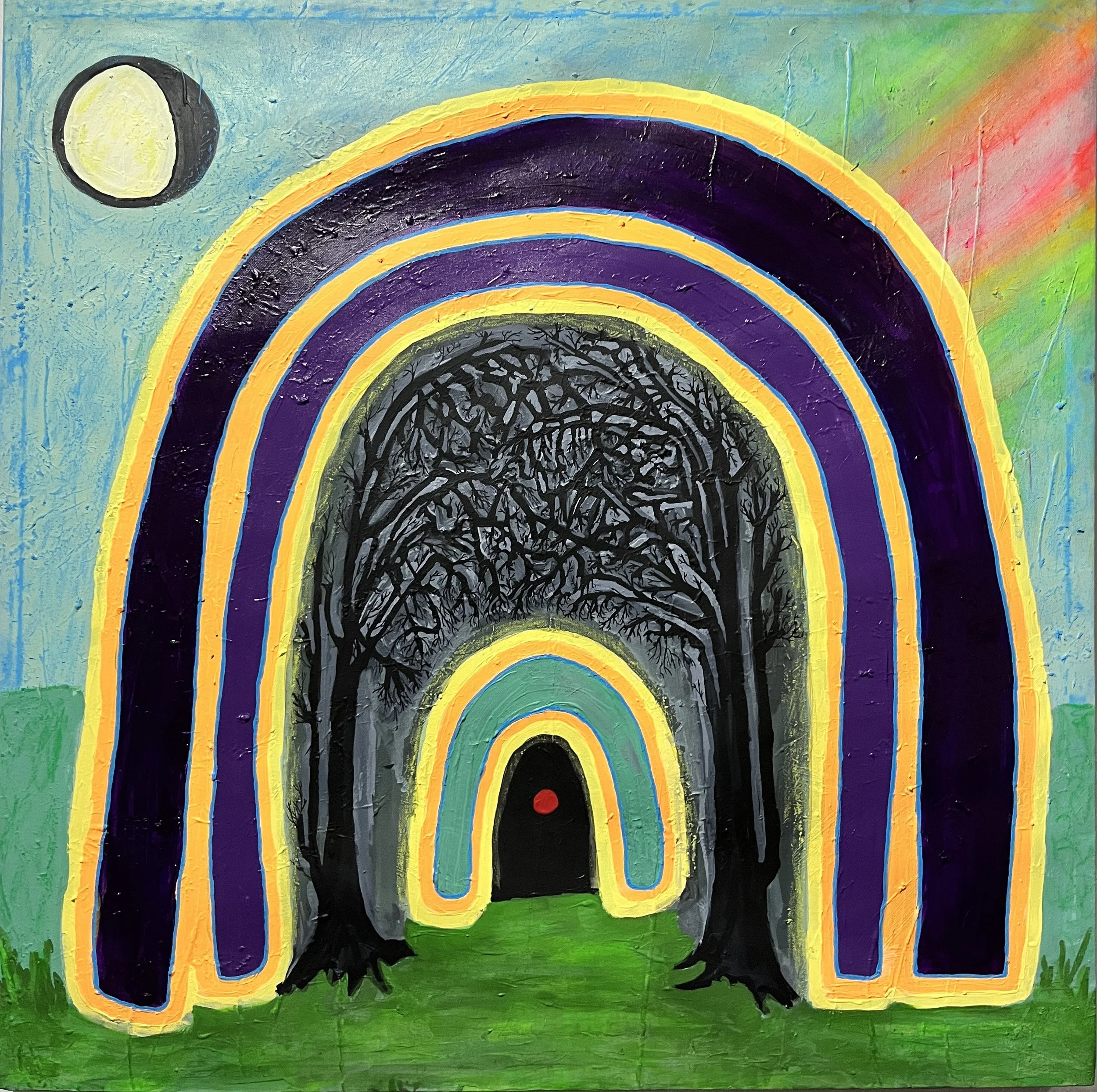 Descent---

30”x30”	Acrylic	  $200-$500---

The environment has gone murky, the moon is waning,  things that used to be bright and lush are now dull, and joy is hard to find. A portal opens and a spark of vitality is calling you from the depths, but 