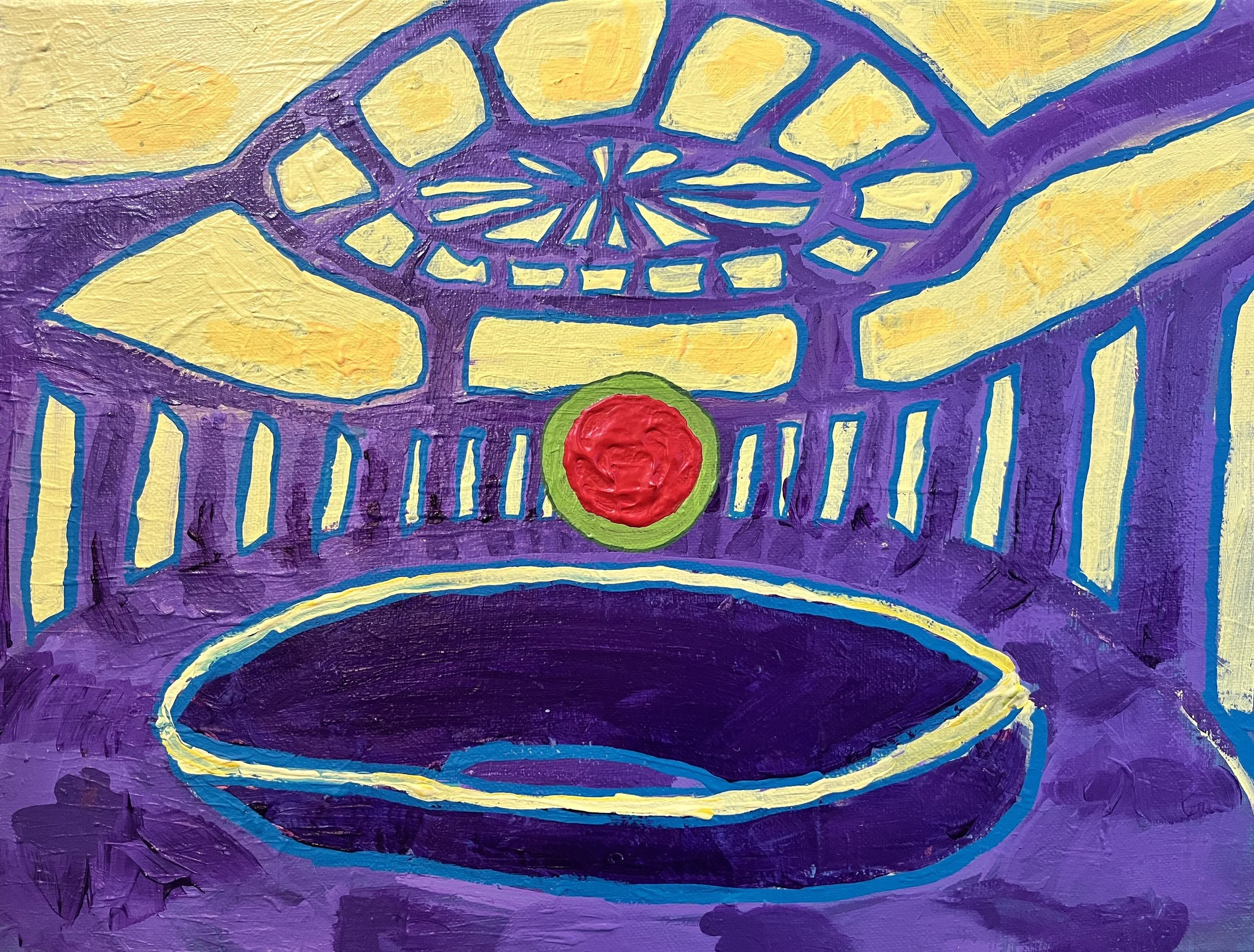 Decision Matrix (Finding the Secret third door)---

8”X10”	Acrylic	 $100-$200---

This painting was initially made following a dream about a colossal circular building but slowly morphed into the disorienting vision it is today. The lively red dot is