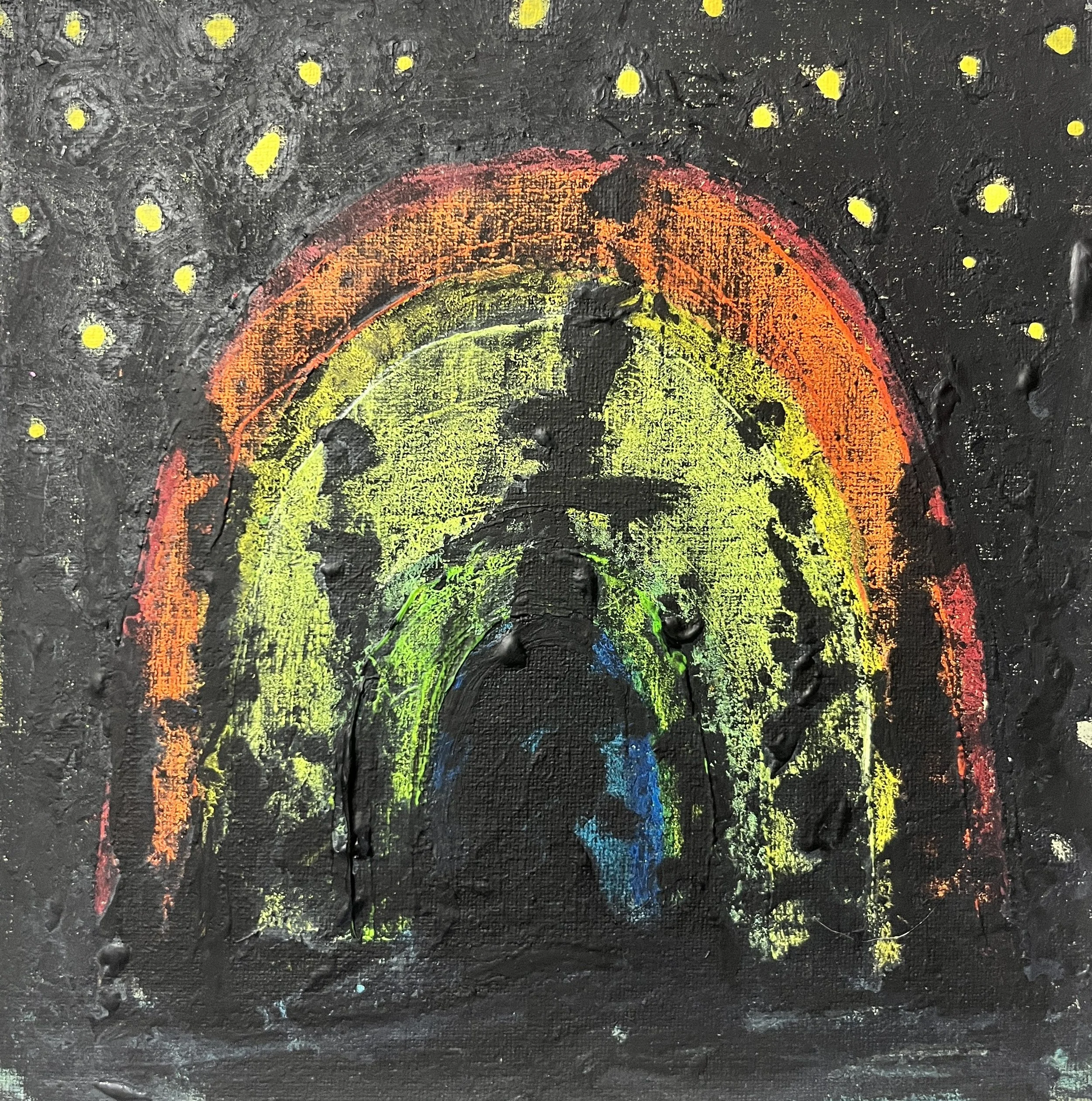 New Moon Mysteries: Arch and Color Study 8---

6"x6"   Acrylic and Oil Pastel   $45-$90---

This painting expresses the feeling of wandering in the woods on a new moon before the snow, that hazy dark that comes from the lack of the big celestial ligh